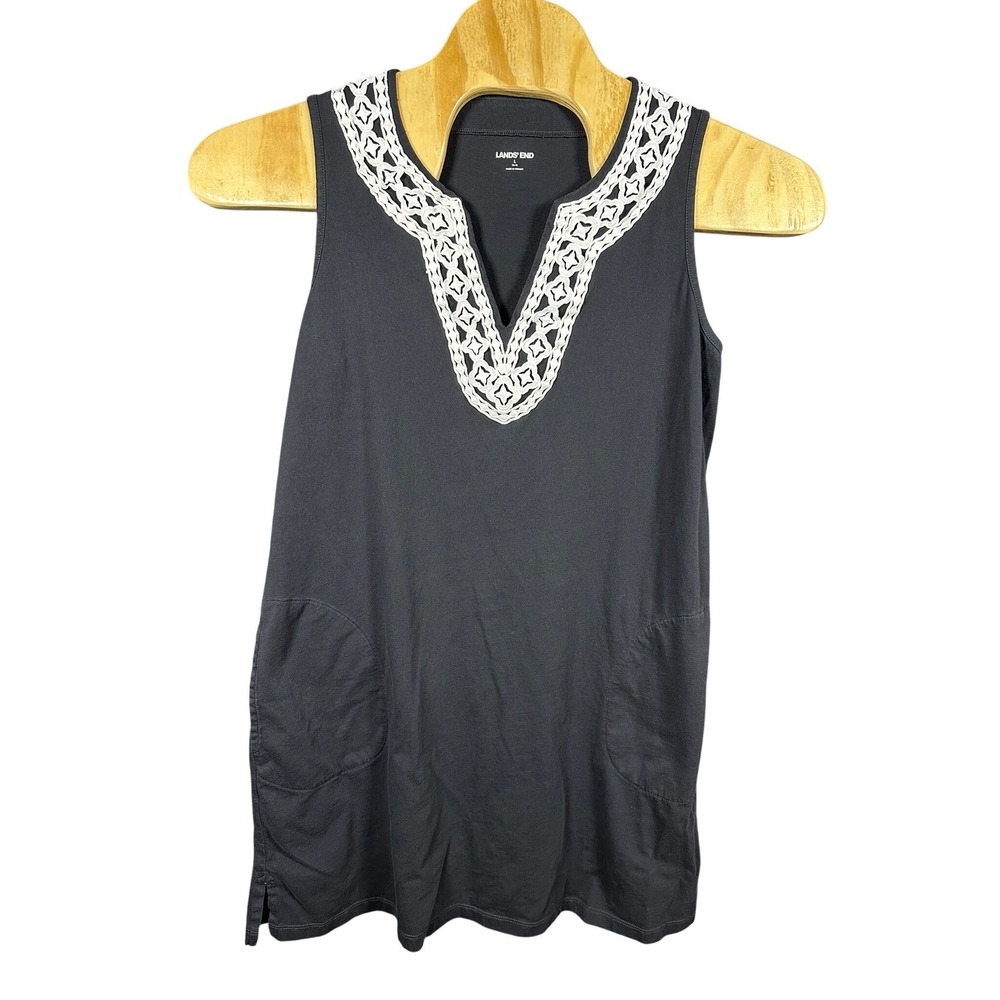 Lands End Womens Black Cotton Crochet Trim Split Neck Pocket Shift Dress Large